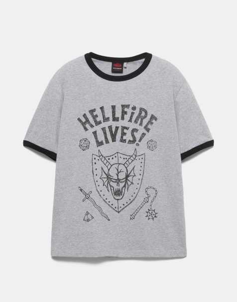 Pull&Bear Hellfire lives stranger things t-shirt in grey marl - view 1