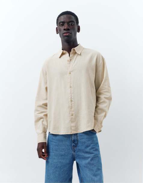 Pull&Bear – Hemd aus Leinenmix in Beige - view 1