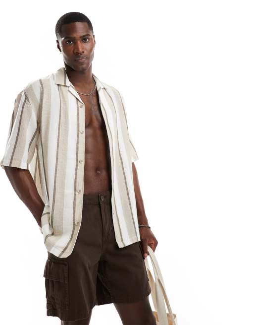 Pull&Bear – Hemd in Beige mit Streifen in Braun