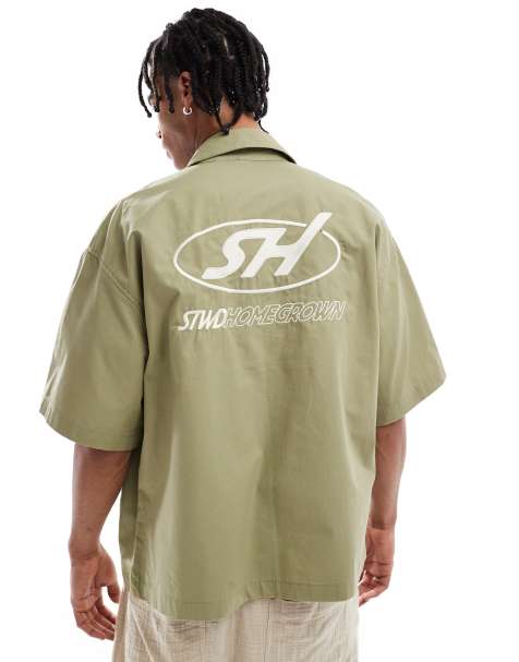 Pull&Bear – Hemd in Khaki mit Reißverschluss - view 1