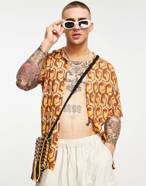 Pull&Bear – Hemd in Orange mit asymmetrisch geometrischem Druck
