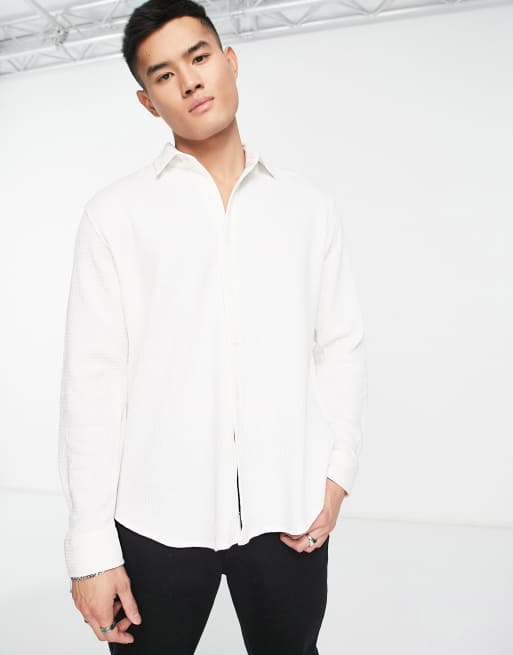 Pull&Bear – Hemd in Weiß mit Waffelstruktur