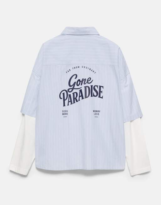 Pull&Bear Hemd mit doppelten Ärmeln und Grafikprint in Hellblau, 7 von 7