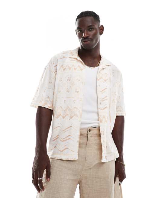 Pull&Bear – Hemd mit geometrischem Ethnomuster in Hellbraun