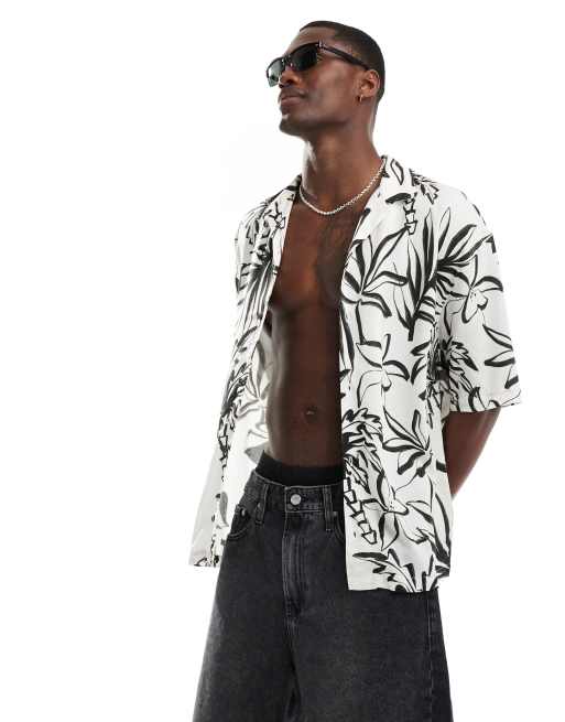 Pull&Bear – Hemd mit Palmenmuster in Weiß