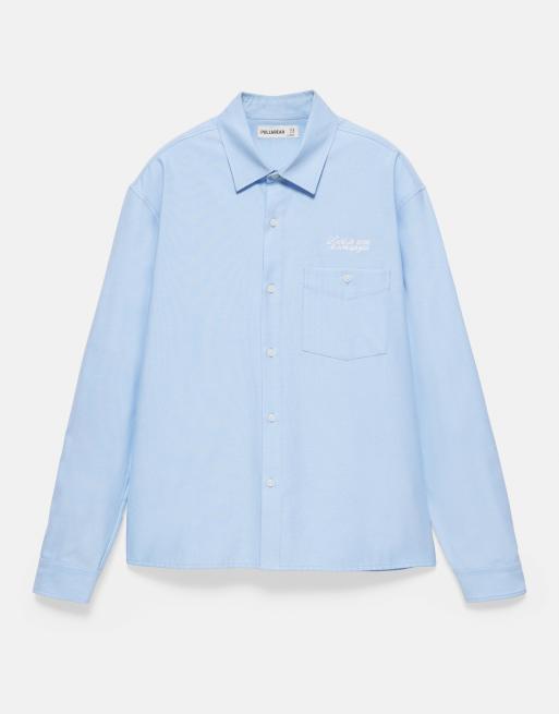 Pull&Bear Hemd mit Stickerei und langen Ärmeln in Hellblau, 6 von 7