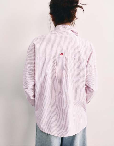 Pull&Bear Hemd mit Stickerei und Streifen in Rosapink - view 1