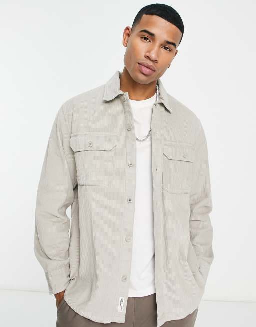 Pull&Bear – Hemdjacke aus Cord in Ecru