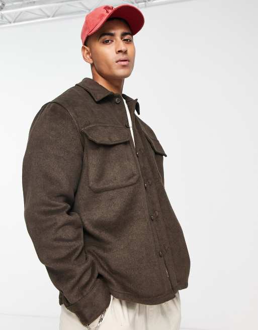 Pull&Bear – Hemdjacke aus schwerem Material in Braun