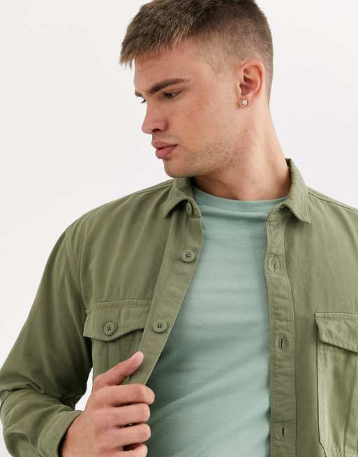 Pull&Bear – Hemdjacke mit Taschen vorne in Khaki, 3 von 4
