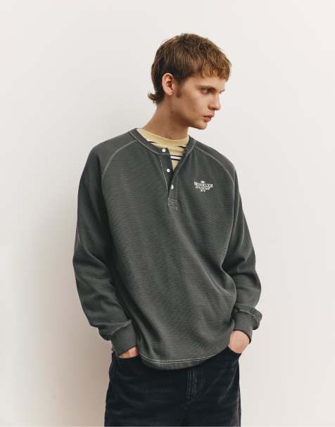 Pull&Bear Henley neck t-shirt in grey - view 1