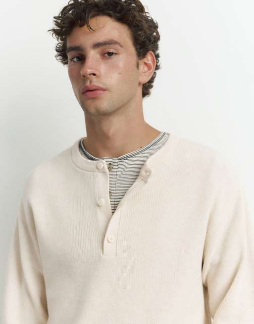 Pull&Bear Henley-striktrøje i hvid, 3 af 7