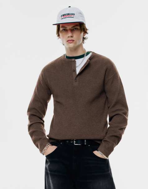 Pull&Bear Henley sweater in chocolate - view 1