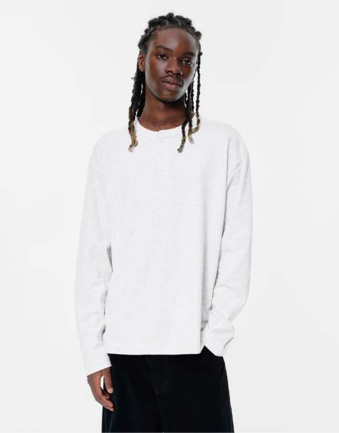 Pull&Bear Henley t-shirt with buttons in grey marl - view 1