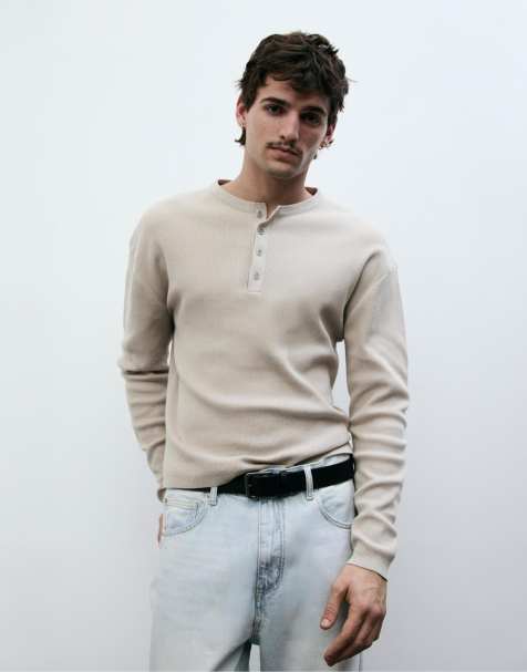 Pull&Bear Henley t-shirt with buttons in sand