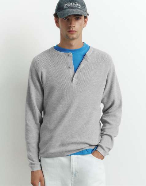 Pull&Bear Henley-trøje i gråmeleret - view 1