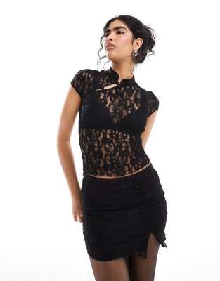 high collar shoulder detail lace top in black - part of a set