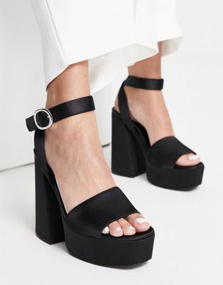 Pull&Bear high heel chunky platform sandal with buckle detail in black