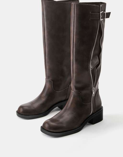 Pull&Bear High-leg boots with decorative zip in brown, 4 of 7
