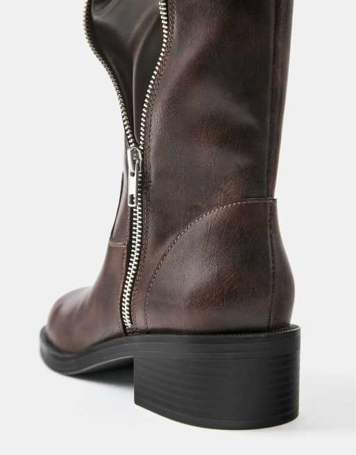 Pull&Bear High-leg boots with decorative zip in brown, 5 of 7