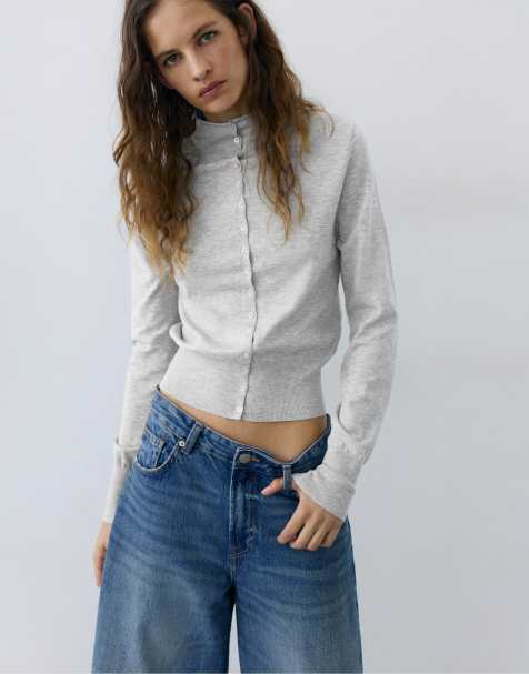 Pull&Bear High-neck cardigan in grey marl - view 1