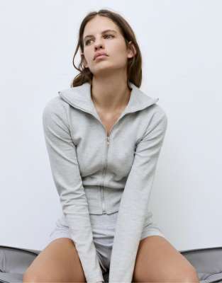 Pull & Bear High Neck Interlock Jacket In Grey