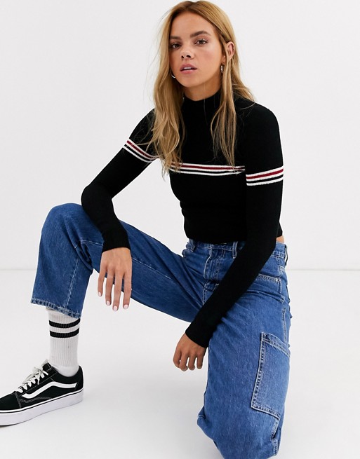 Pull&Bear high neck jumper with stripe in black