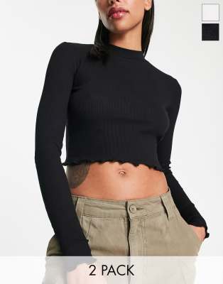 Pull & Bear High Neck Long Sleeve Crop Top 2 Pack In Black And White