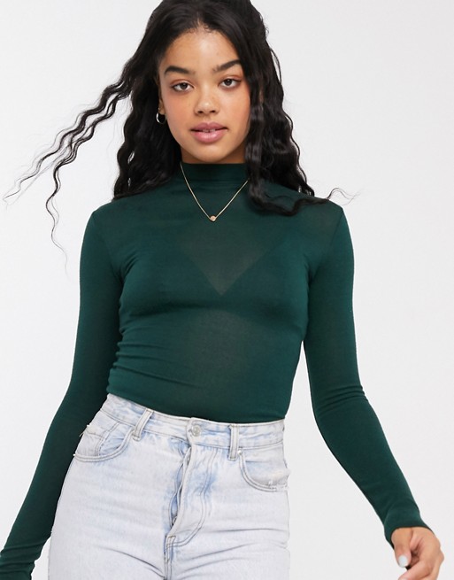 Pull&Bear high neck long sleeved top in green