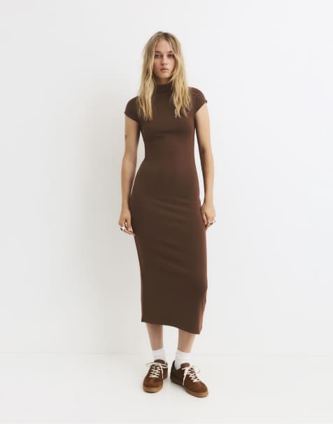 Pull&Bear High neck midi dress in brown - view 1