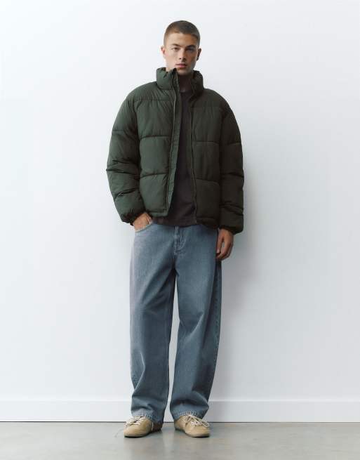 Pull&Bear High neck puffer jacket in green, 4 of 7