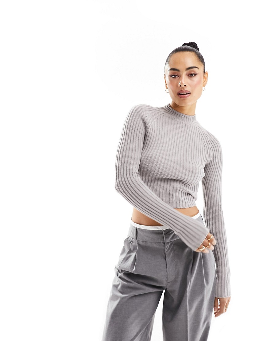 Pull & Bear high neck ribbed cropped jumper with tie back detail in grey