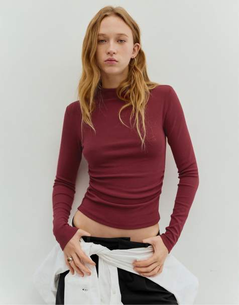 Pull&Bear High neck top in burgundy - view 1