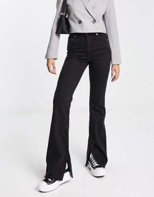 high rise split hem flare jeans in black