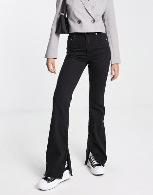 Pull&Bear high rise split hem flare jeans in black