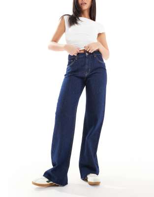 high rise straight leg jeans in dark blue rinse