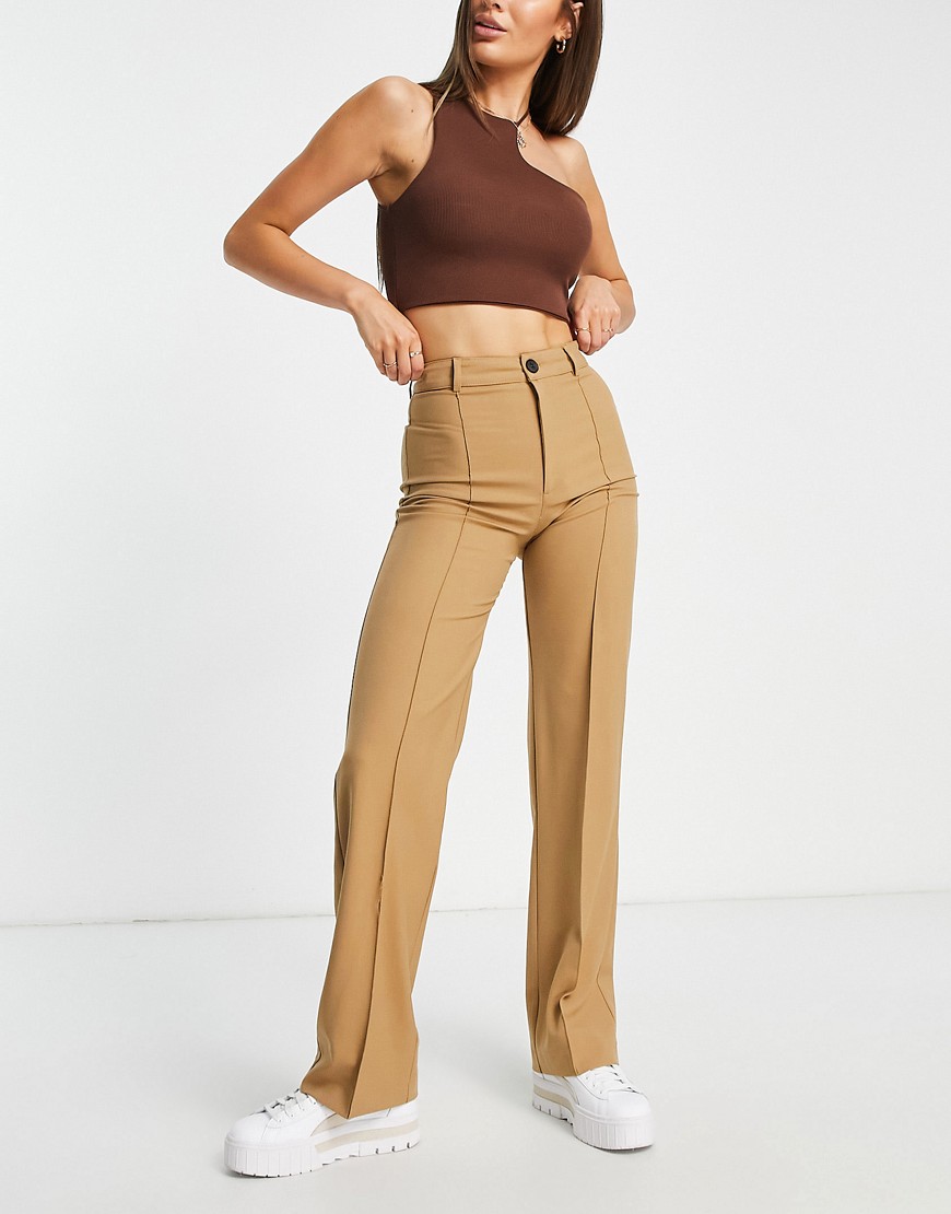 Pull & Bear high rise tailored straight leg pants in camel-Neutral