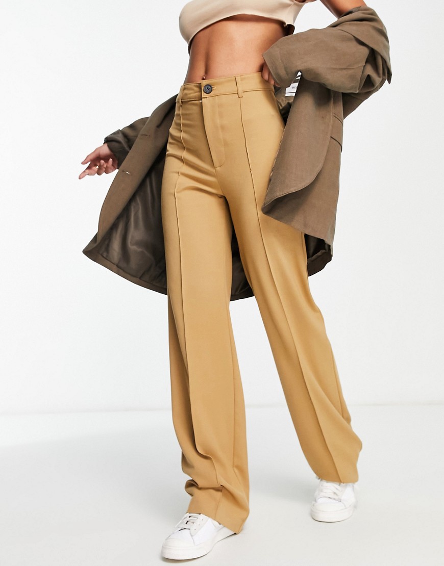 Pull & Bear High Rise Tailored Straight Leg Pants In Camel-neutral