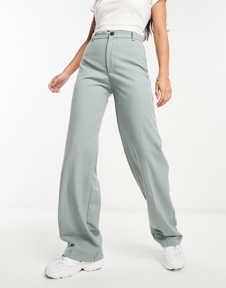 Pull & Bear High Rise Tailored Straight Leg Pants In Pale Blue Gray