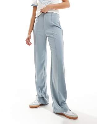 Pull & Bear High Rise Tailored Straight Leg Pants In Pale Blue Gray