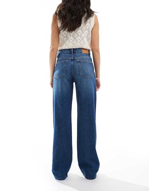 Pull&Bear high rise wide leg jean in dark blue