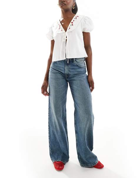 Pull&Bear high rise wide leg jean in dark indigo blue - view 1