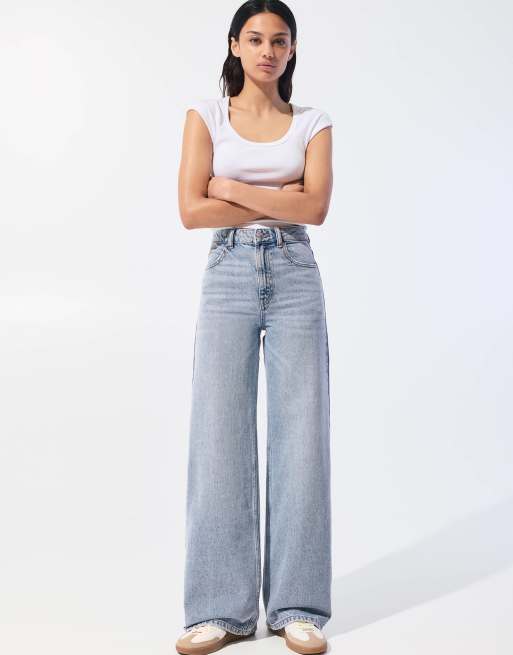 Pull&Bear high rise wide leg jeans in blue