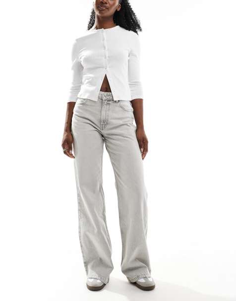 Pull&Bear high rise wide leg jeans in washed light grey - view 1