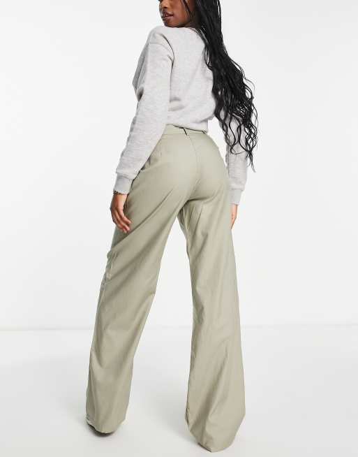 Pull Bear high rise wide leg pants in khaki ASOS