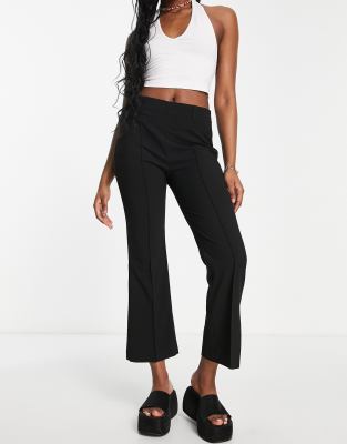 Pull & Bear Mid Waist Cropped Flare Pants With Pocket Detail In Black