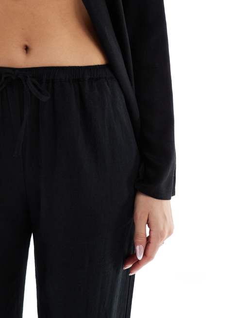 Pull&Bear high waist linen look pants in black