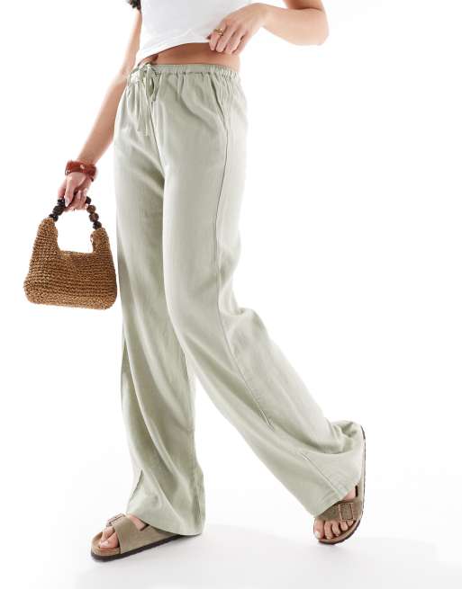 Pull&Bear high waist linen look pants in sage green