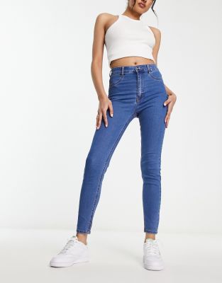 Pull & Bear High Waist Skinny Jeans In Mid Blue