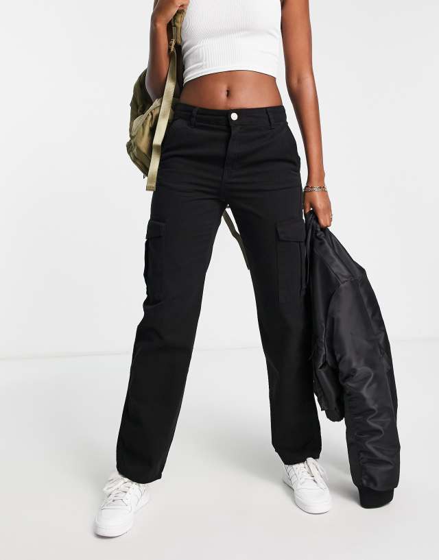 Pull&Bear high waist straight leg cargo pants in black